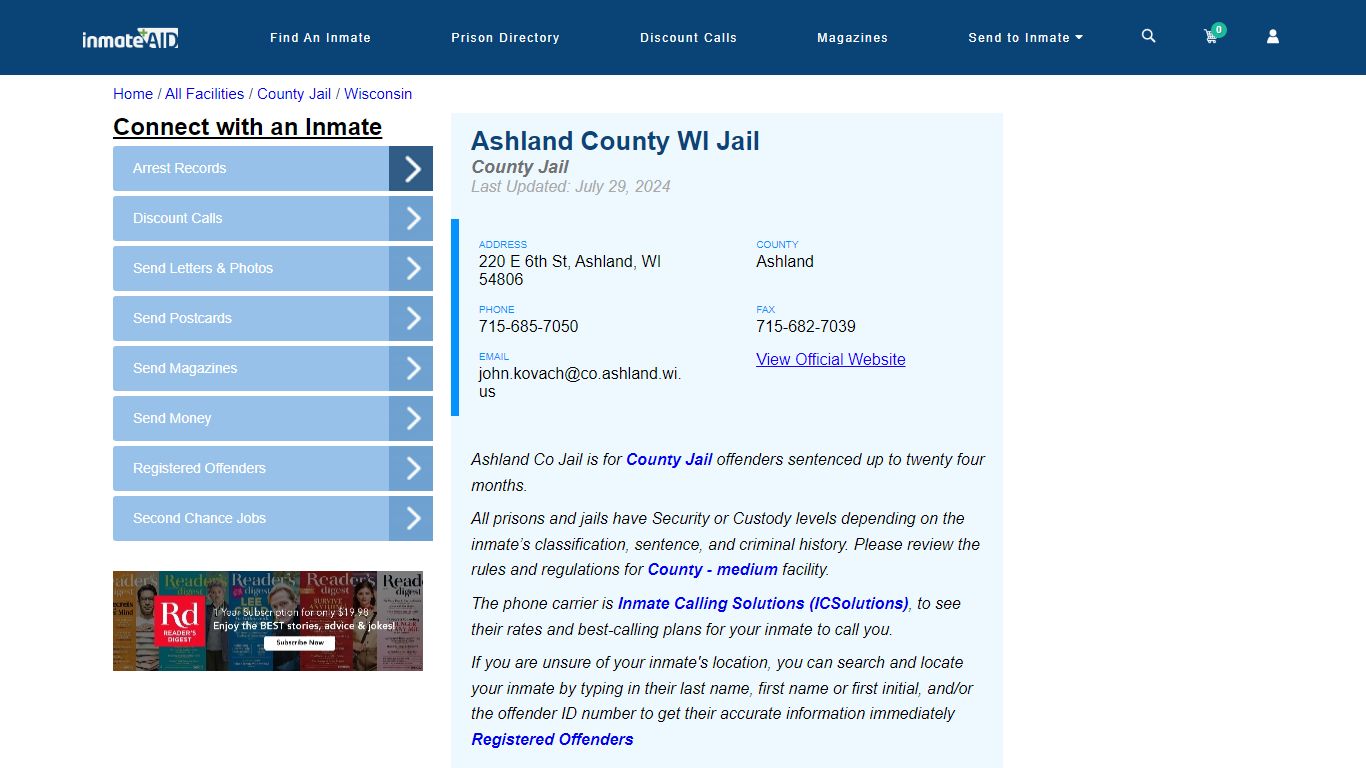 Ashland County WI Jail - Inmate Locator